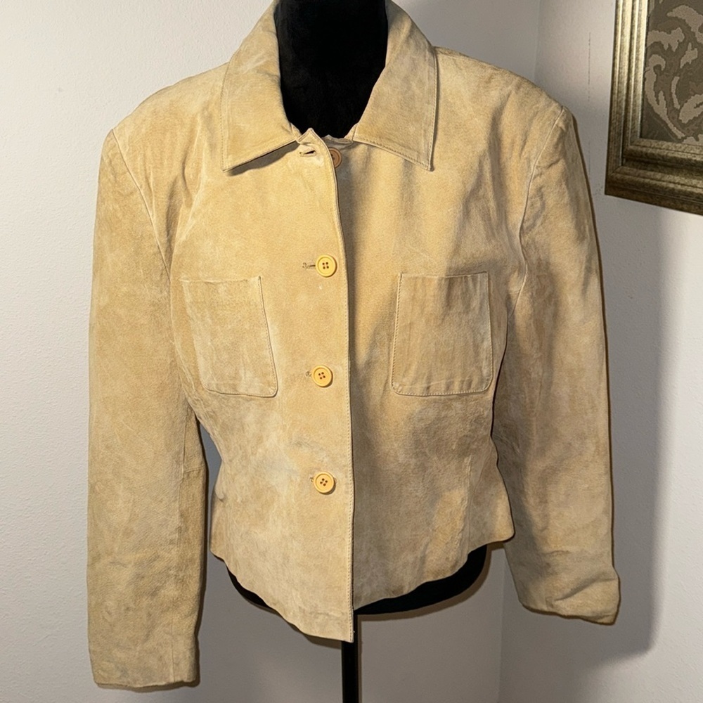 Jacqueline Ferrar tan suede buttoned down jacket / vintage Sz 16